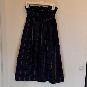 High-Waist Navy Check Midi Skirt with Self-Tie Belt